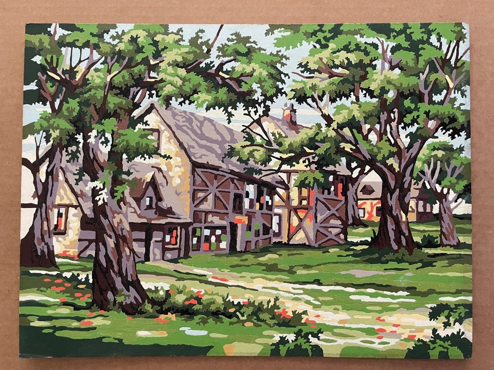 Vintage PAINT BY NUMBERS Hand Painted Autumn Fall House Trees #4