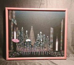 1980s Future Cityscape Paint Canvas 21.5 X 25.5″ Mauve Frame Frotello Print