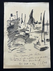 MARCEL MOULY drawing and painting on old paper signed stamped vintage