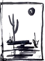 Original Abstract 9×12 Ink Desert Landscape Signed Black White Art Paper Decor
