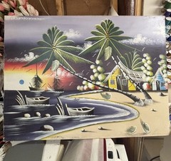 Dominican Republic Sand Painting – Tropical Beach Palm Trees, Caribbean Folk Art