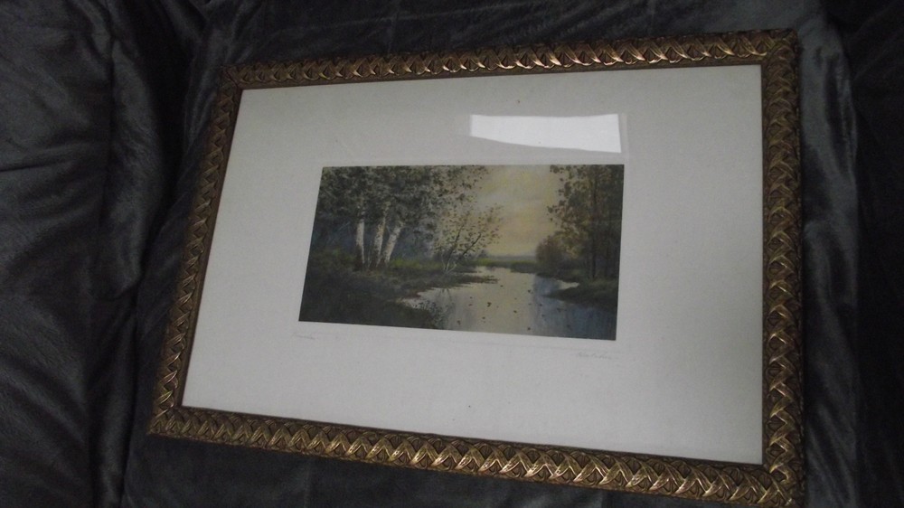 c1910 Birches an original art watercolor gilt framed artist signed by Hatcher