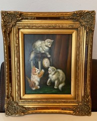 Antique Oil Painting of Kittens with Clock