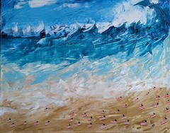 Beach Cats Painting Original Modern Art Seascape Ocean Landscape Samantha McLean