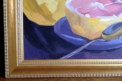 Pink Grapefruit Still Life Painting Acrylic on Canvas Board Framed Original
