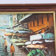 VTG Pair Mini Hong Kong Pottinger Street & Harbor Scenes Signed Oil Paintings