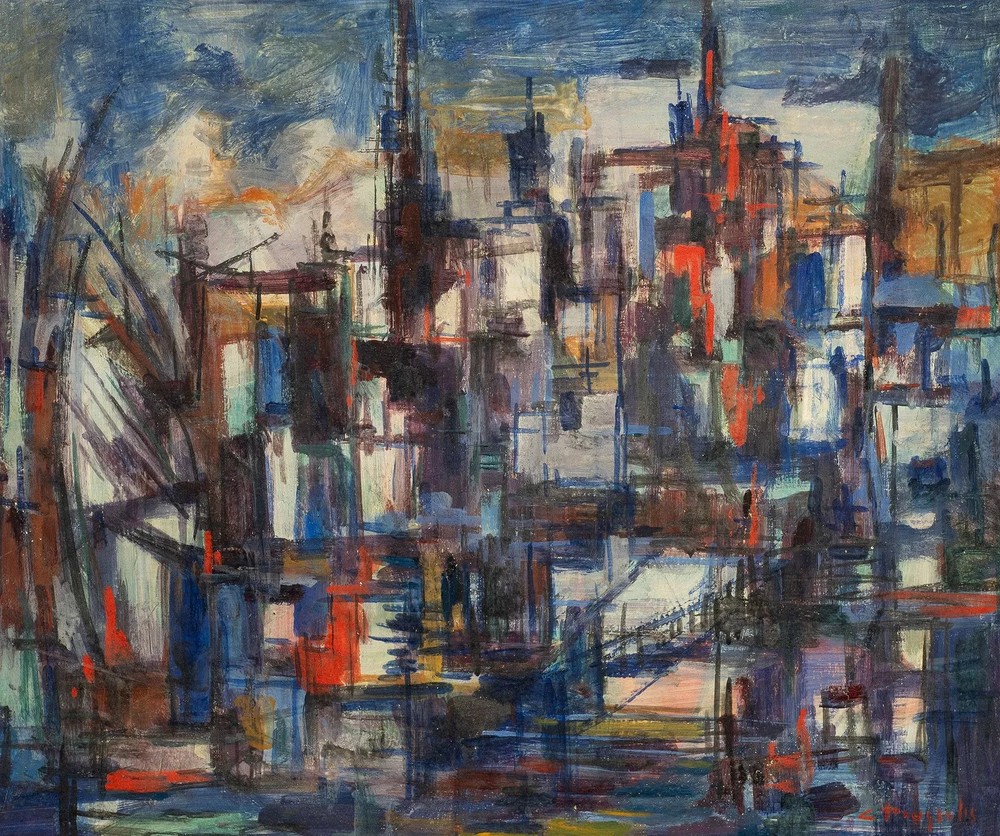 Constantine Pougialis (Greek, 1894-1985) Abstract Cityscape Painting Signed LR