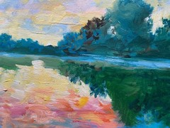 Original Oil Painting Landscape Sunset Lake Reflection Impressionist Wall Art