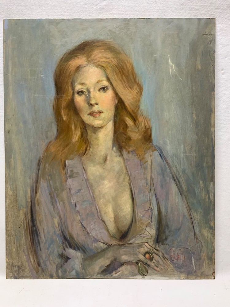 Signed Large Mid Century Antique Modernist Portrait Oil Painting Vintage c 1950s