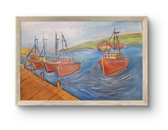 Original Signed Bold Harbor Boats Acrylic Art Impressionist Paper