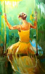 Woman On Swing Original Oil Painting, Yellow Dress Artwork, Abstract Wall Art