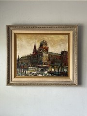 ANTIQUE MODERN ABSTRACT LONDON LANDSCAPE OIL PAINTING OLD VINTAGE EUROPE UK 1960