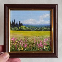 Original Oil Painting Landscape Field with Wild Flowers Framed Wall Art 4 x 4 in