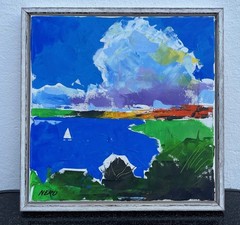 Expressionist Neru Abstract Coastal Landscape with White Sailboat Oil Painting 40×40