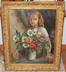 Antique Portrait Oil Painting On Board Woman Flowers Signed Dorothy C Rice