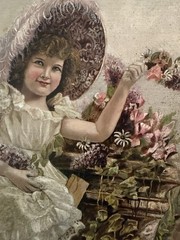 Victorian Oil Painting Young Girl Floral Garden Style On Canvas 1880s