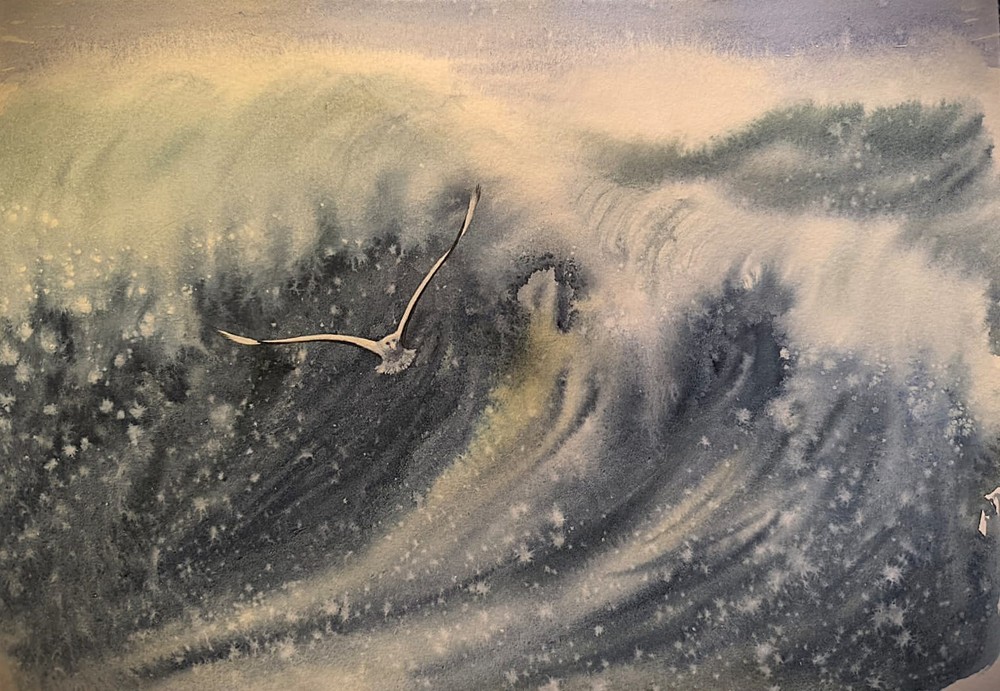 BIRDS SEAGALL SKY WAVES Original Arts Painting Landscape Seascape Signed Gift A4