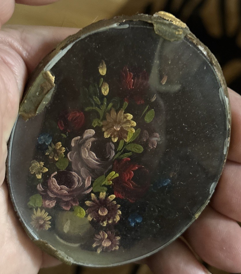 Nice Antique Miniature Still Life Oval Painting Flowers Bouquet