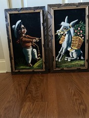 Vintage Painted Black Velvet Mexico Boy Pulling Donkey Pair Carved Wood Frames