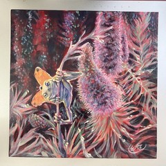 Original Flying Frog Painting floral art flowers ladybug Funny Artwork Amphibian