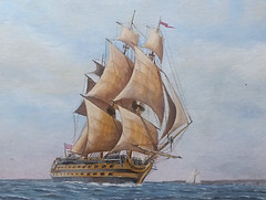 Orig Small Oil Painting „HMS INDEFATIGABLE“ 44 Gun Frigate 1795 by David Young