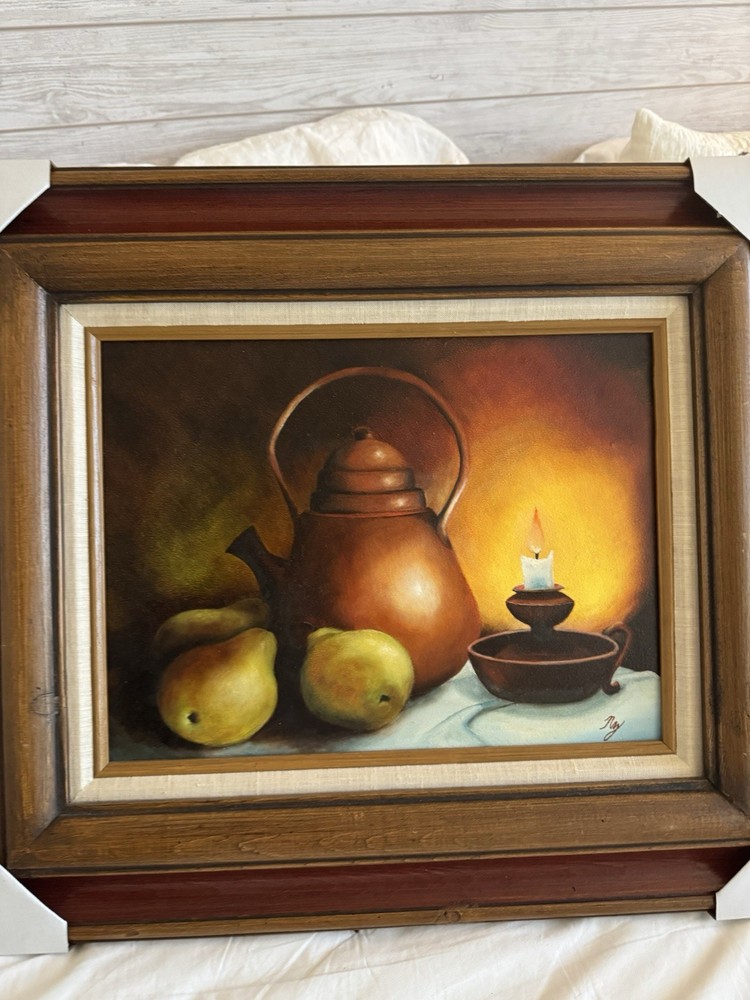 Vintage Original Kitchen Still Life Oil Painting Wood Frame Signed Wall Art