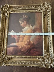 Vintage Framed Print “Young Girl Reading” Painting Ornate Gold Plastic Frame