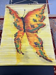 VTG Homemade Folk Window Shade Painting 44”x32” Butterfly Yellow, 1 Of A Kind