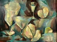 ZORA STEENSON CUBIST WINE FRUIT STILL LIFE ABSTRACT MID CENTURY MCM OIL PAINTING