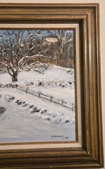 VTG Oil Painting Framed Landscape Snow with Christmas Tree and Barn Signed Art