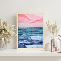ORIGINAL PAINTING OOAK Sunset Over Waves Ocean Seascape 9×12 inches