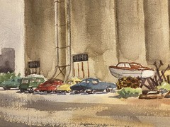 Mid Century Modernist watercolor Painting of grain elevators circa 1940s 50s