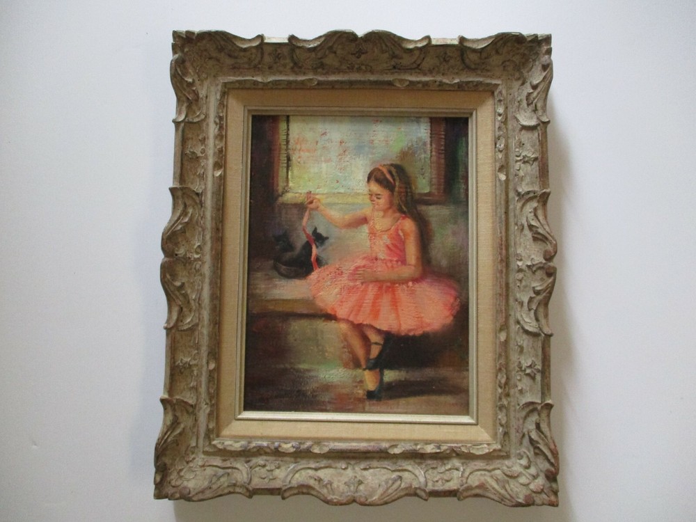 VINTAGE PORTRAIT PAINTING LITTLE GIRL WITH SWEET CAT KITTEN KITTY MYSTERY ART