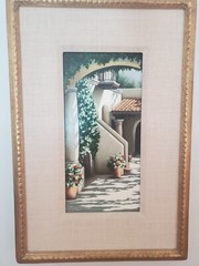 Framed oil painting of a stairway by the late Scottsdale artist, Cheryl English