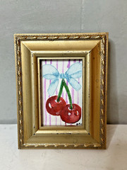 ORIGINAL FRAMED MINI WATERCOLOR PAINTING CHERRIES COQUETTE 4.5X3.5