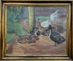 EIGIL WENDELBOE JENSEN 1899-1940 LANDSCHAFT MIT ENTEN UND HÜHNER BAUERNHOF IDYLL
