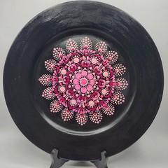 Mandala Dot Art On 13″ Plastic Platter Original Painting Pink Dahlia OOAK