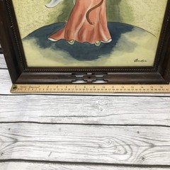 Watercolor Mid Century Painting Asian Japanese Lady in Kimono Ornate Wood Frame