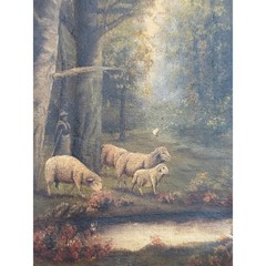 1915 American Pastoral Sheep Landscape Oil Painting by E. A. Olewine