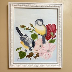 OOAK Sweet Chickadees And Flowers Painting Signed 2011, Shabby White Frame 19×24