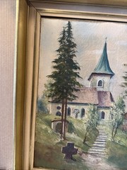 Real Signed Oil On Canvas Painting Realism Old Church Chapel Grave 23×26”