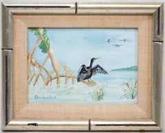 Vintage Painting Florida Landscape Cormorant Bathing Mangroves by Charlene Hook
