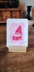 Watercolor painting ACEO Original Art Monochrome Gnome Signed Curved Edge