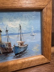 Vintage Nautical Harbor Oil Painting Signed Davis MCM Impasto Fishing Boat Art