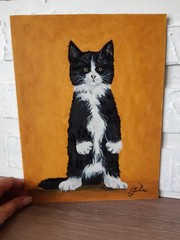 Black and White Cat Painting Cat Green Eyes Oil Artwork 12 by 9 Animal Art