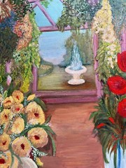 Vtg Impressionism Colorful Flowers in Greenhouse Still Life Oil Painting 24″x30″