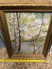 Vintage Oil Painting Canvas Pink Trees Lake View Signed & Framed With Postcard
