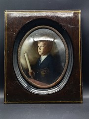 Antique Hand-Painted Portrait of a Young Boy Holding a Candle – Convex Bubble Gl