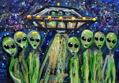 Original ACEO Painting ALIEN Spaceship Stars ET Martian Universe UFO ATC ART