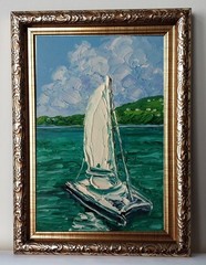 Framed White Sailboat Calm Sea Green Seascape 4×6” Impasto Oil Painting Original